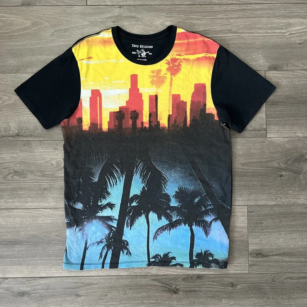 True Religion Mens S T Shirt Short Sleeve Multicolor Sunset LA Graphic